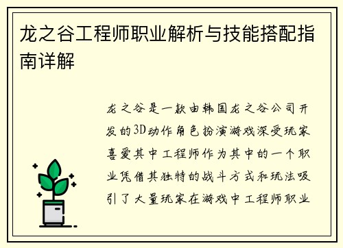 龙之谷工程师职业解析与技能搭配指南详解